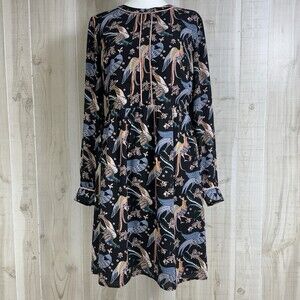 Ann Taylor LOFT Dress Size 6 Black Bird Fit Flare Scoop Neck Long Sleeve Button